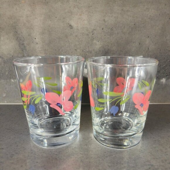 Vintage Libbey Double Old Fashion Lowball Barware Glasses Pink Flowers Set 2 - Picture 1 of 16